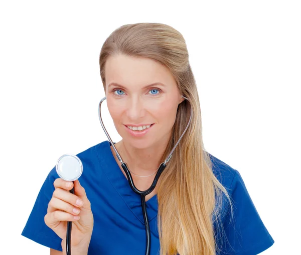 Female nurse or doctor showing stethoscope. — Zdjęcie stockowe