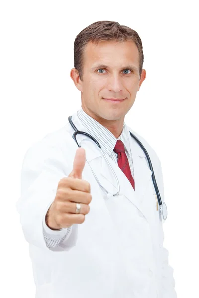 Médico sorridente expressar felicidade com o polegar para cima . — Fotografia de Stock