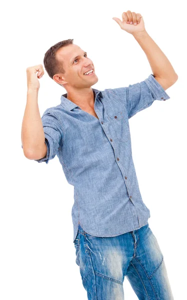 Portret młodego mężczyzny z uniesionymi rękoma pod celebracja — Zdjęcie stockowe