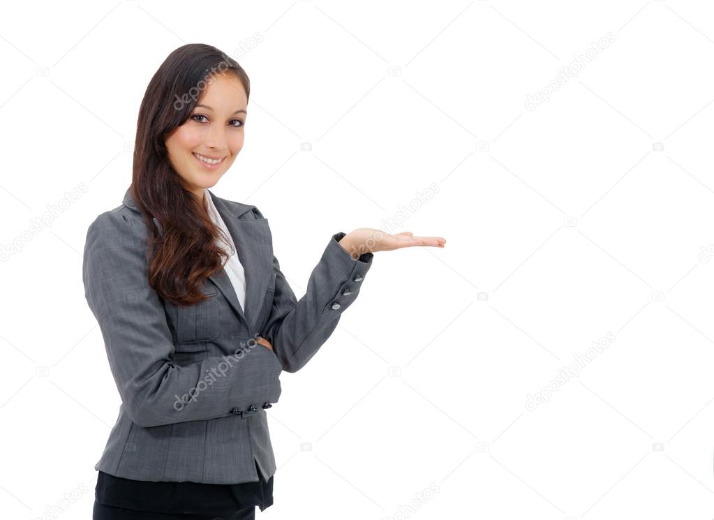 Business woman pointing white copy space