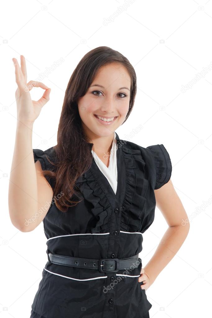 Portrait of happy smiling businesswoman with okay gesture
