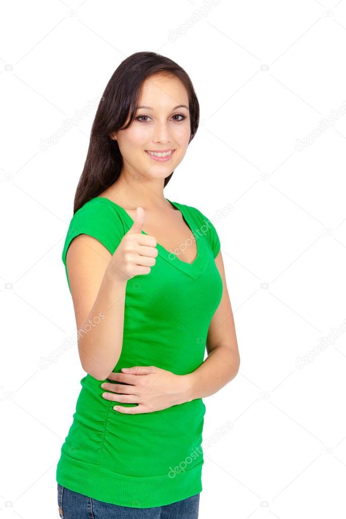 portrait of beautiful young success woman giving thumbs up