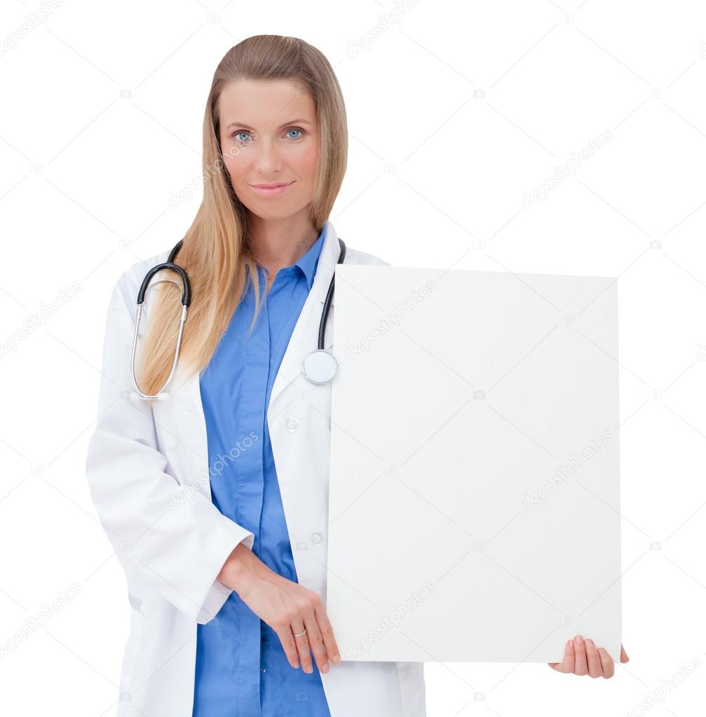 Nurse / doctor showing blank clipboard sign.