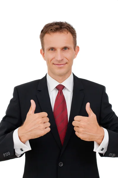 Joven hombre de negocios feliz mostrando el pulgar hacia arriba signo —  Fotos de Stock