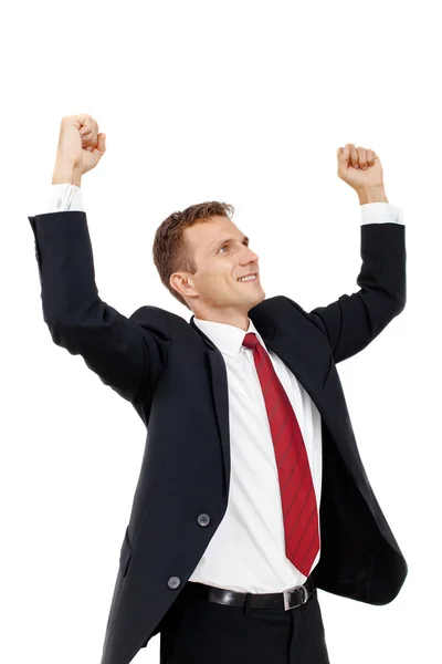 Framgångsrik affärsman hålla armarna upp, framgång! — Stockfoto