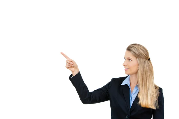 Mujer de negocios mostrando espacio de copia blanca — Foto de Stock