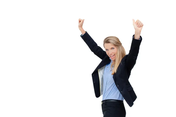 Framgångsrik affärskvinna hålla armarna upp, framgång! — Stockfoto