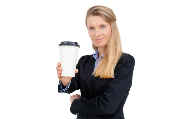 Hermosa joven rubia empresaria sosteniendo una taza de café —  Fotos de Stock