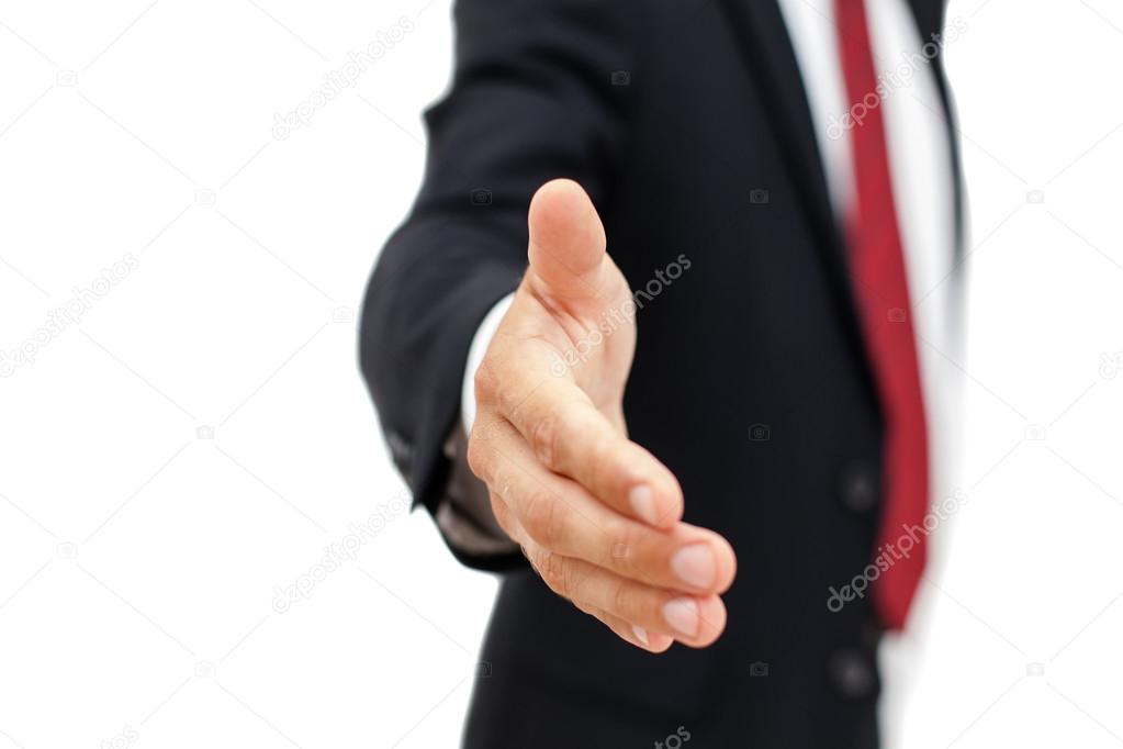 Young business man ready to set a deal over white background.