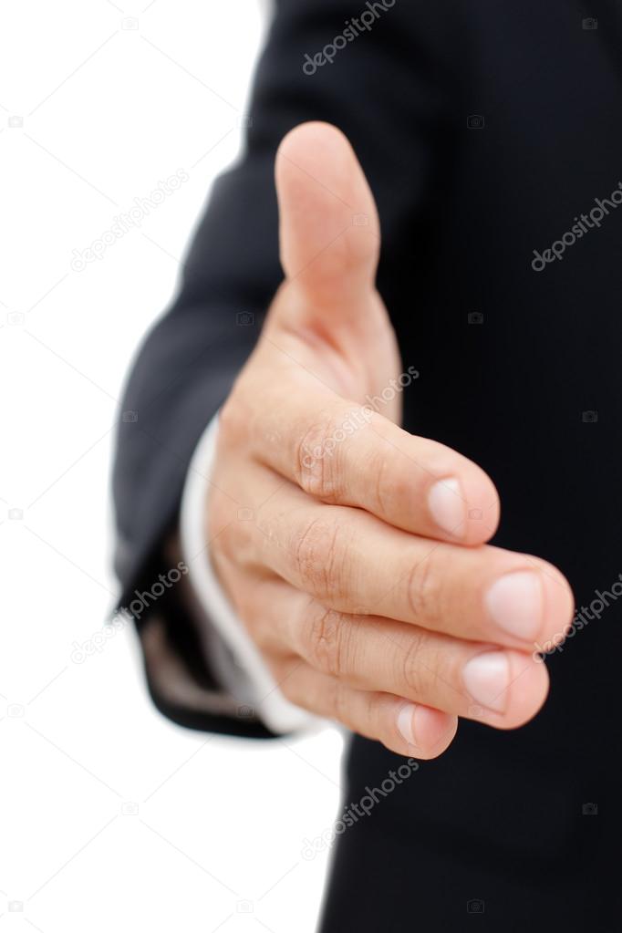 Young business man ready to set a deal over white background.