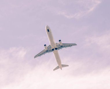 Pembe filtreli mavi gökyüzünde beyaz bir uçak