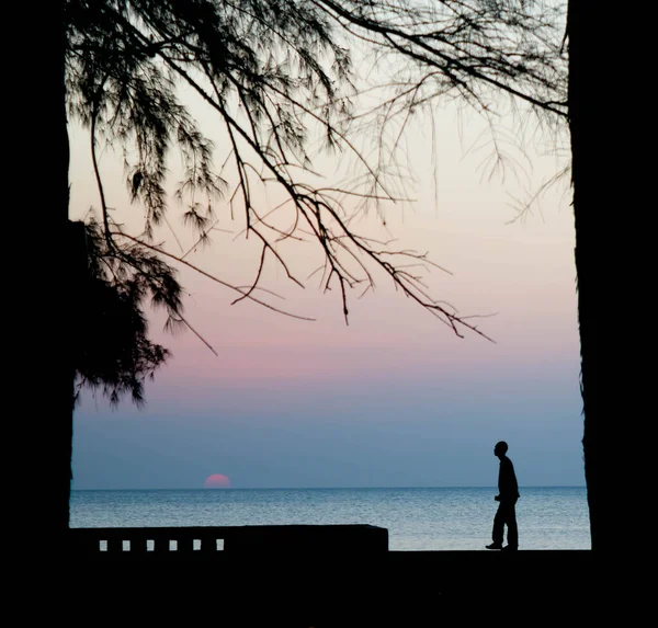 Silhouettenbild Eines Mannes Der Strand Geht — Stockfoto