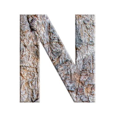 Beyaz arkaplanda izole edilmiş ağaç kabuğundan alfabeler: harf N