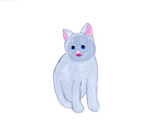 白地に子供が描いた猫水彩の手 — ストック写真