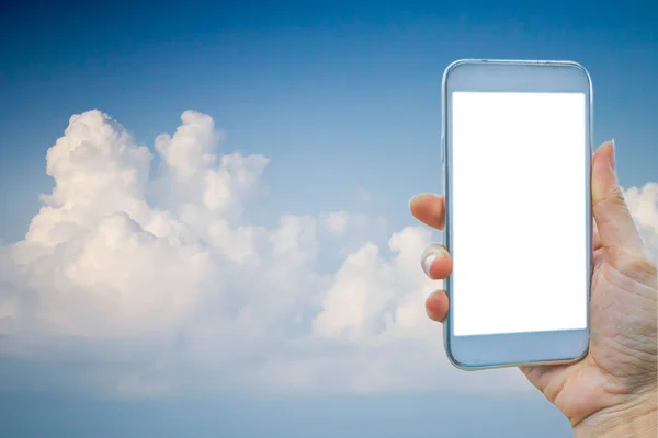 Mano Celebración Teléfono Inteligente Cielo Azul Nube Blanca — Foto de Stock