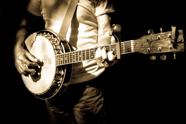Músico Tocando Banjo Foto Filtro Retro — Fotografia de Stock