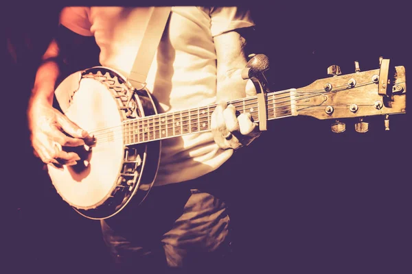 Músico Tocando Banjo Foto Filtro Cor Retro — Fotografia de Stock