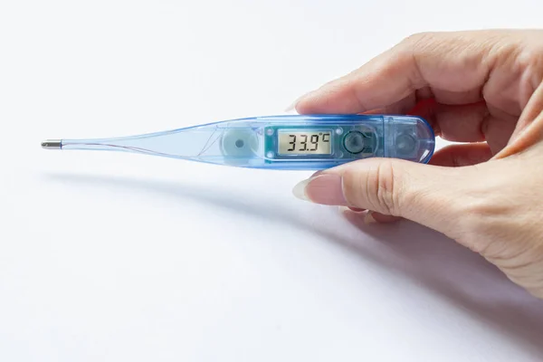 Transparente Azul Digital Temperatura Normal Celsius Mão Sobre Fundo Branco — Fotografia de Stock