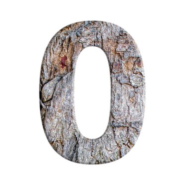Beyaz arkaplanda izole edilmiş ağaç kabuğundan gelen sayı harfi: Sıfır numara