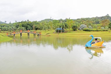 Ailesi bisiklet teknesinde olan bulanık park manzarası: arka plan kullanımı için
