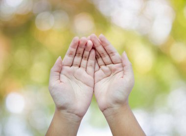 İnsan elleri açık, avuçlar doğanın üzerinde bulanık bokeh arkaplan