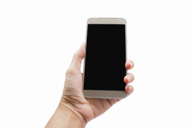 El ele tutuşan akıllı telefon beyaz arkaplanda izole edildi