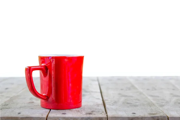 Café Quente Com Fumaça Branca Copo Vermelho Mesa Madeira Isolada — Fotografia de Stock