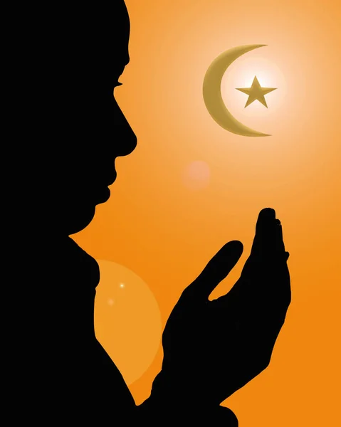 Silueta Mujer Musulmana Rezando Luna Oro Estrella Símbolo Del Islam —  Fotos de Stock