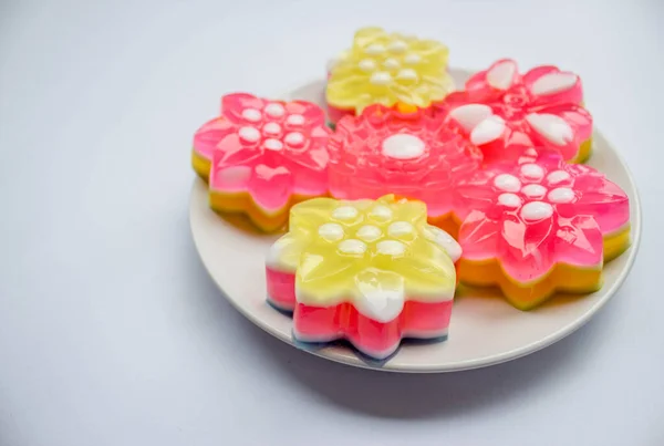 Rainbow Jelly Flower Shape Thai Traditional Dessert Made Sugar Gelatin — Stok Foto