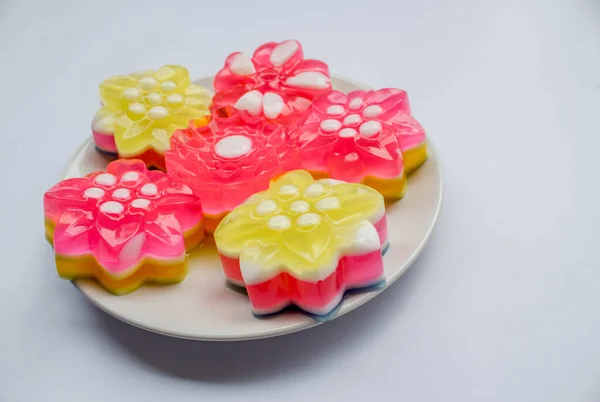 Rainbow Jelly Flower Shape Thai Traditional Dessert Made Sugar Gelatin — Stock Photo, Image