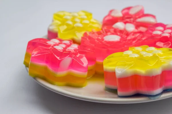 Rainbow Jelly Flower Shape Thai Traditional Dessert Made Sugar Gelatin — Stok Foto