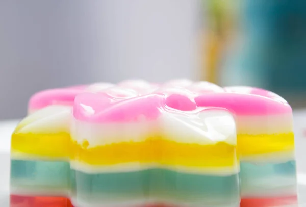 Rainbow Jelly Flower Shape Thai Traditional Dessert Made Sugar Gelatin — Stok Foto