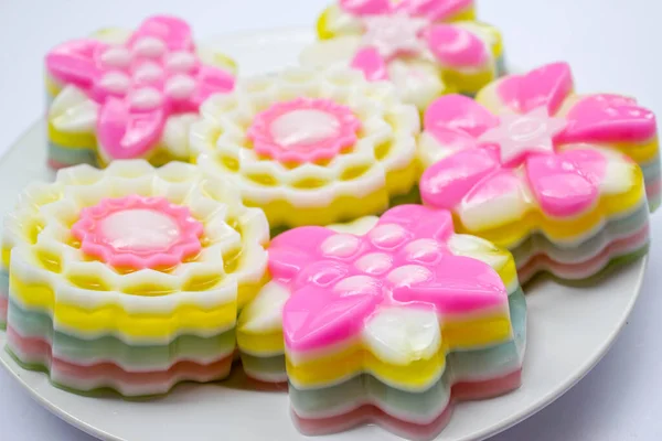 Regnbåge Gelé Blomform Thailändsk Traditionell Dessert Gjord Socker Gelatin Och — Stockfoto