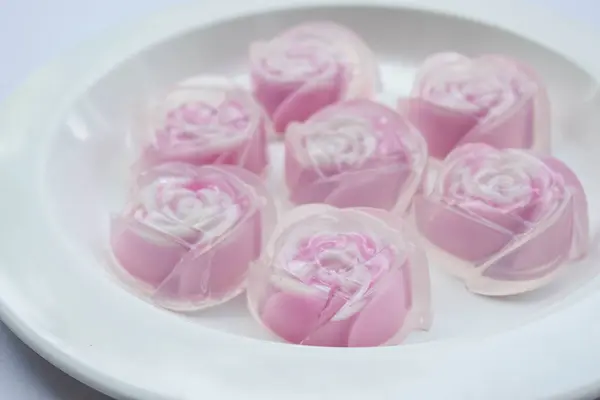 Galaretka Słodka Kształcie Róży Tajski Tradycyjny Deser Cukru Żelatyny Mleka — Zdjęcie stockowe
