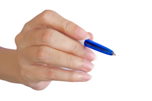 Розмита Рука Пише Синьою Ручкою Вибірковий Фокус Голові Ручки — стокове фото