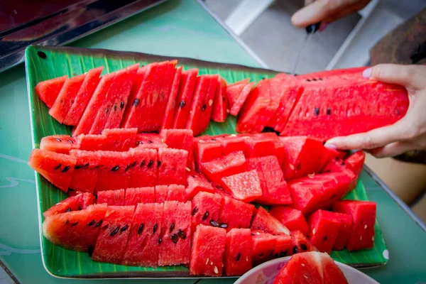 Watermelon Slices Green Plate — Stock Photo, Image