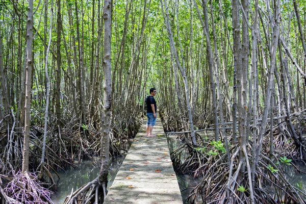 Homem Descalço Andando Chão Cimento Entre Floresta Mangue — Fotografia de Stock