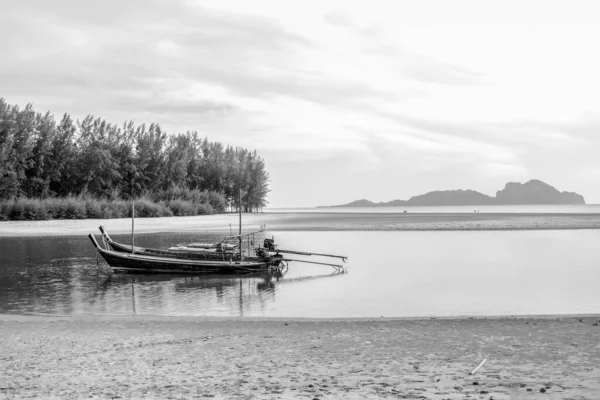 Hagyományos Thai Hosszú Farok Csónak Strandon Trang Thaiföld Fekete Fehér — Stock Fotó