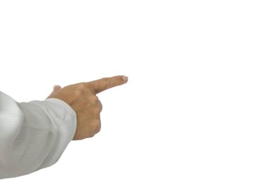 Beyaz arka planda izole edilmiş iş adamı eli işaret ediyor, dokunuyor veya bastırıyor