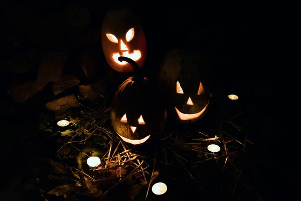 Három Izzó Tök Halloween Éjszakáján Gyertyákkal Tűzifa Őszi Lombozat Hátterében — Stock Fotó