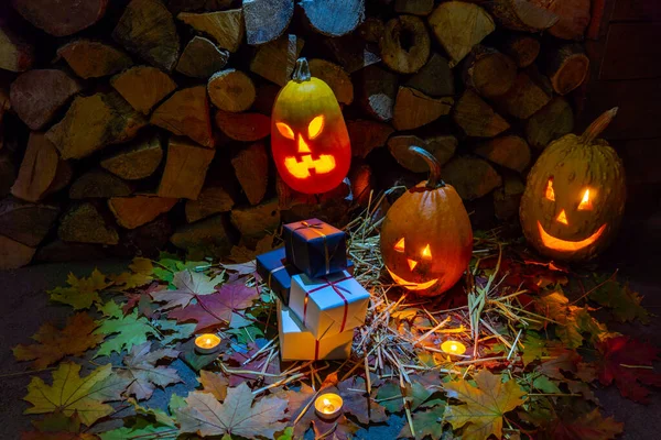 Three Glowing Pumpkins Black White Gifts Blue Light Moon Halloween — Stock Photo, Image