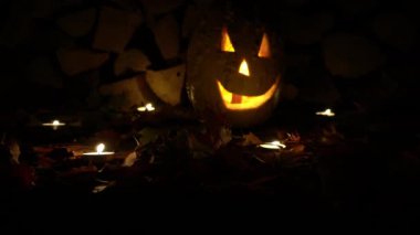 Geceleyin yakacak odunları ve sonbahar yaprakları olan balkabağı.