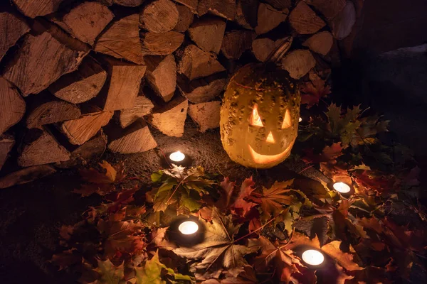 Halloween Tök Fej Jack Lámpa Ijesztő Gonosz Arcok Kísérteties Ünnep — Stock Fotó