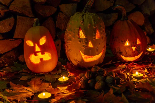 Halloween Tök Fej Jack Lámpa Ijesztő Gonosz Arcok Kísérteties Ünnep — Stock Fotó