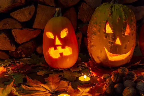 Halloween Tök Fej Jack Lámpa Ijesztő Gonosz Arcok Kísérteties Ünnep — Stock Fotó