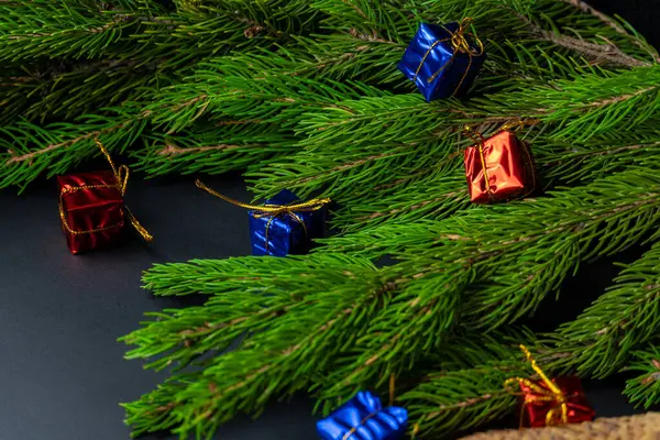 Kara Arka Planda Firavun Dalları Çok Renkli Hediyeler Mutlu Noeller — Stok fotoğraf
