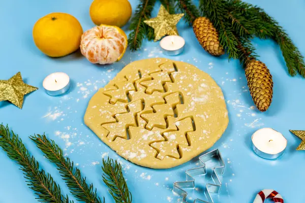 Gingerbread Cookies Form Fir Trees Raw Dough Fir Branches Tangerines — Stock Photo, Image