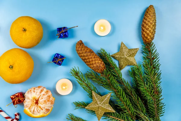 Christmas Cookies Gifts Candles Tangerines Blue Background Close — Stock Photo, Image