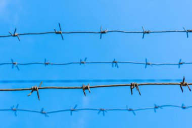 Mavi gökyüzüne karşı yatay olarak dikenli tel. Dikenleri yakın plan yap