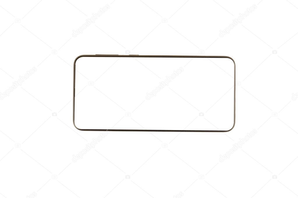 Mobile phone isolated on white. Isolated place on the screen. Smartphone lying horizontally